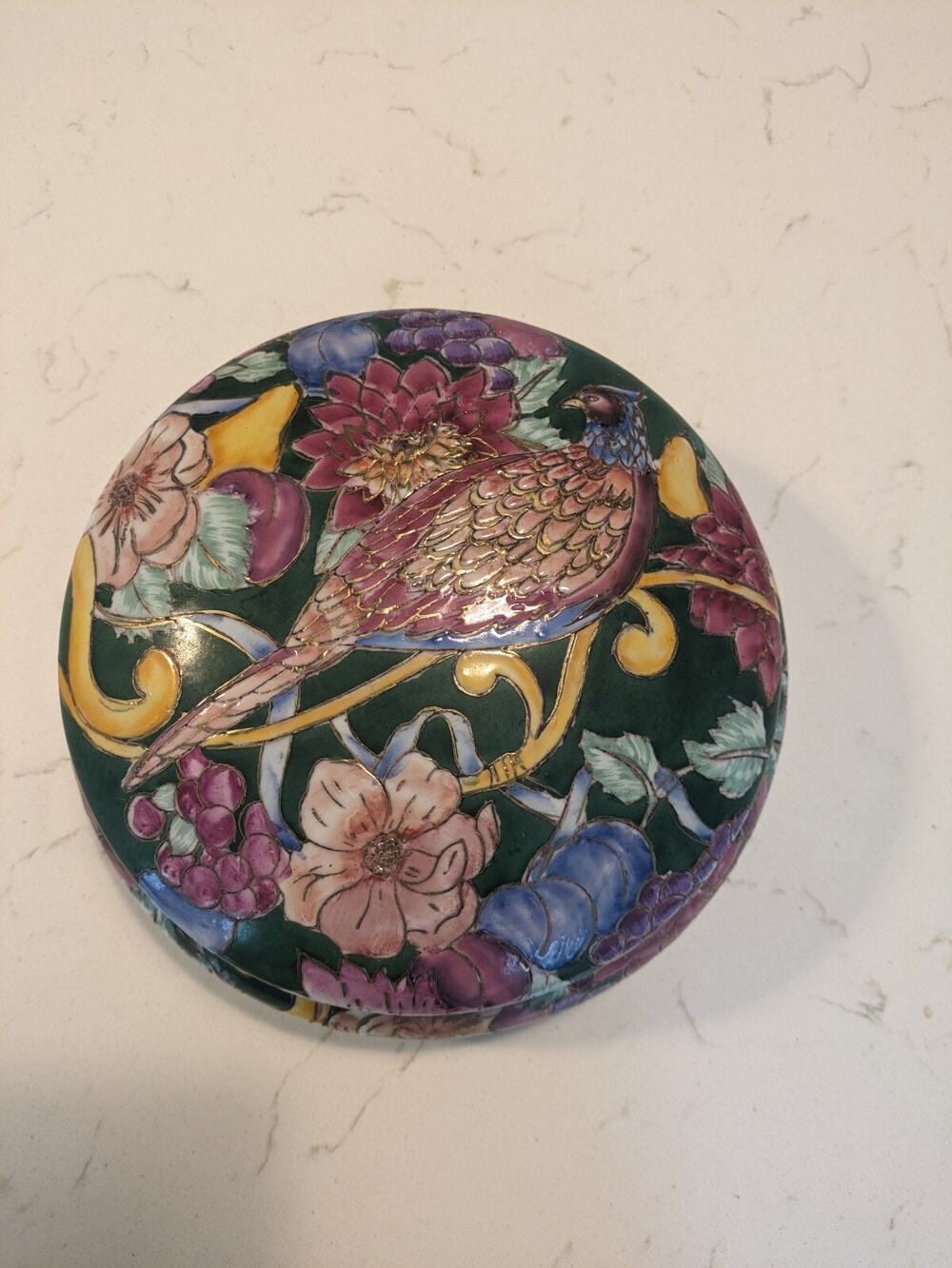 Vtg 8" Large Cloisonne Enamel Dresser With Lid Powder Floral Bird Pink Tobacco